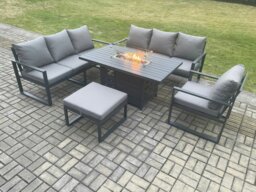 Rackhams Aluminium Outdoor Lounge Sofa Garden Furniture Sets Gas Fire Pit Dining Table Set with Arm Chair Big Footstool Dark Grey