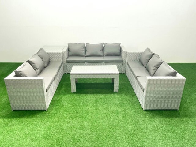 Rackhams Rattan Garden Outdoor Furniture Set 9 Seater Garden Sofa Oblong Coffee Table Set with Side Table Light Grey Mixed - image 1