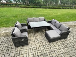 Rackhams 6 Piece Rattan Garden Furniture Set with Patio Sofa Rectangular Dining Table Big Footstool Indoor Conservatory Patio Set - thumbnail 2