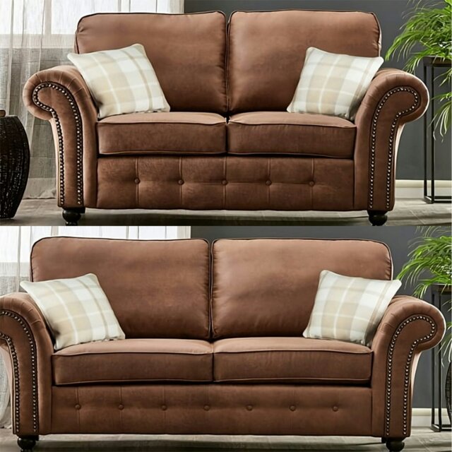 Rackhams Oakland Suede Sofa 3+2 Seater Fabric Sofa in Tan Brown - 3 Seater & 2 Seater Set - image 1