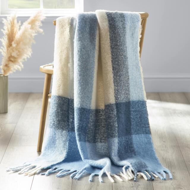 Rackhams Faux Mohair Check Blanket Throw Blue - 130 x 170 cm - Blue - image 1