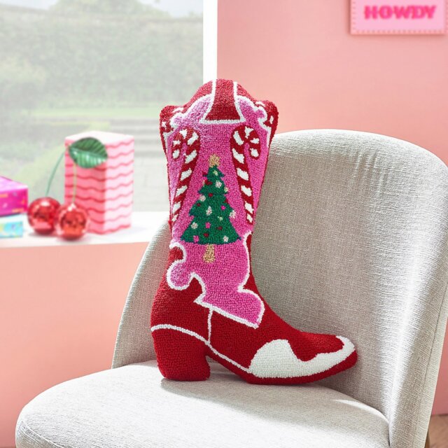 Rackhams Santa's Howdy Christmas Boot Boucle 3D Shaped Cushion Pink - Pink - image 1