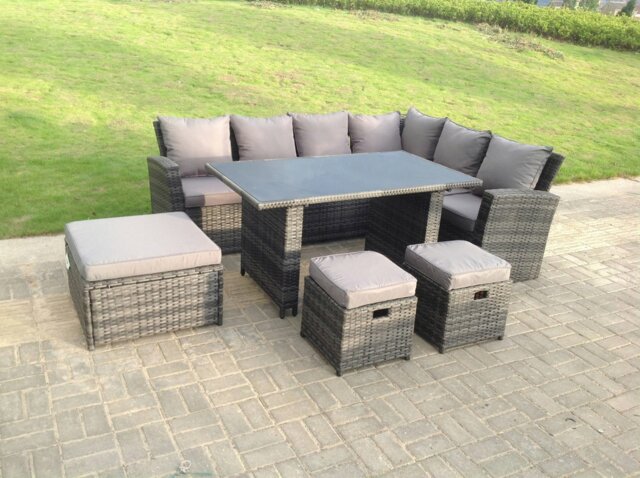 Rackhams 9 Seater High Back Rattan Garden Furniture Set Corner Sofa With Black Tempered Glass Dining Table 3 Stool - image 1