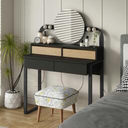 Rackhams Lora Dressing Table 4-Led Lights Make-up Table Mirror 96x132cm 2-Drawer Soft-Close Storage Bedroom,Backstage - Black-Oak