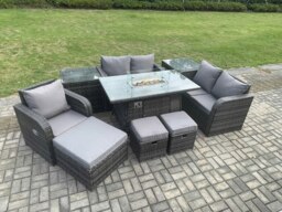 Rackhams Outdoor Rattan Sofa Set - Gas Fire Pit Dining Table, Reclining Chairs, 2 Side Tables, 3 Footstools - Dark Grey - thumbnail 2