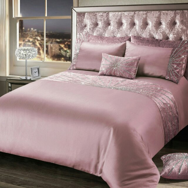 Rackhams Diamante Starburst Crushed Velvet Duvet Cover & Pillowcase Set - Pink - Single - image 1