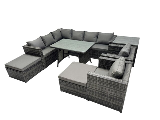 Rackhams 10 seater Outdoor PE Rattan Sofa Set with Dining Table Patio Garden Furniture Sets with 2 Chair 2 Big Stools Side Table Dark Grey Mixed - image 1
