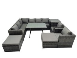 Rackhams 10 seater Outdoor PE Rattan Sofa Set with Dining Table Patio Garden Furniture Sets with 2 Chair 2 Big Stools Side Table Dark Grey Mixed - thumbnail 2