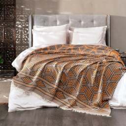 Rackhams Ela Soft Cotton Jacquard Bedspread - Single (190 x 245 cm) - Marigold Orange on Taupe - thumbnail 4