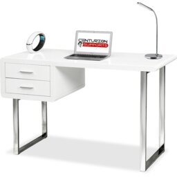 Rackhams HARMONIA Gloss White with Chrome legs 2-Drawer Contemporary Home Office Luxury Computer Desk - thumbnail 3