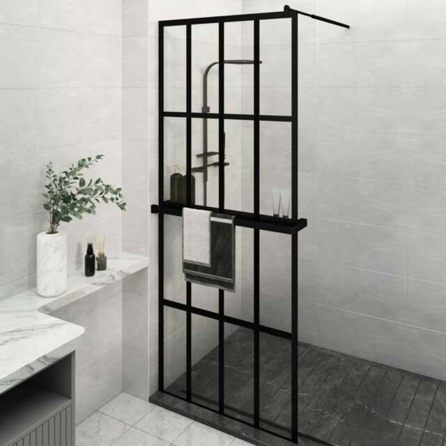 Rackhams Walk-in Shower Wall with Shelf Black 80x195 cm ESG Glass&Aluminium
