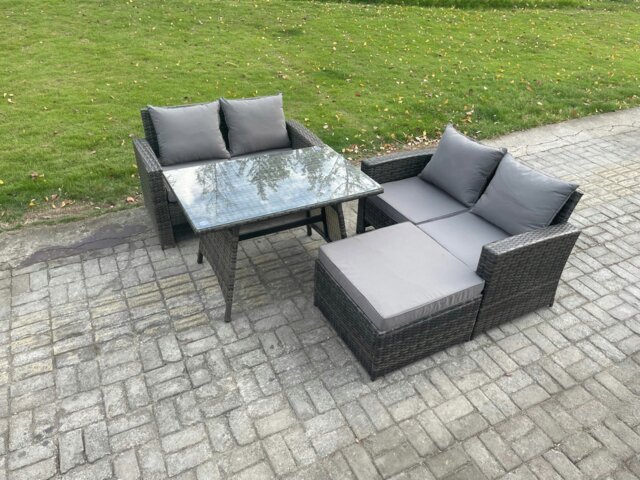 Rackhams Garden Furniture Sets 4 Pieces Wicker Rattan Furniture Manual Wicker Patio Sofa Patio Conversation Set with Big Footstool Dark Grey Mixed - image 1