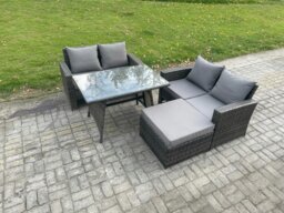 Rackhams Garden Furniture Sets 4 Pieces Wicker Rattan Furniture Manual Wicker Patio Sofa Patio Conversation Set with Big Footstool Dark Grey Mixed - thumbnail 1