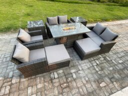 Rackhams 9-Piece Outdoor Rattan Gas Fire Pit Dining Set - Sofa, 2 Footstools, 2 Side Tables - Dark Grey - thumbnail 2