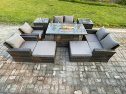 Rackhams 9-Piece Outdoor Rattan Gas Fire Pit Dining Set - Sofa, 2 Footstools, 2 Side Tables - Dark Grey
