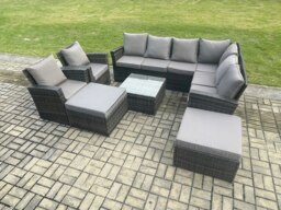 Rackhams 10 Seat Rattan Garden Furniture Corner Sofa Set Outdoor Patio Sofa Table Set with 2 Big Footstool 2 Armchairs Dark Grey Mixed - thumbnail 2