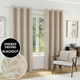 "Rackhams Sherwood 100% Blackout Jacquard Leaf Curtains - Thermal/Energy Saving Pair with Eyelets For Living Room & Bedrooms - Natural - 46"" (117cm) Width x 72"" (183cm) Drop"
