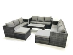 Rackhams Outdoor Garden Furniture Set 6 Pieces Rattan Sofa Set with Coffee Table 2 Big Footstools Dark Grey Mixed - thumbnail 1