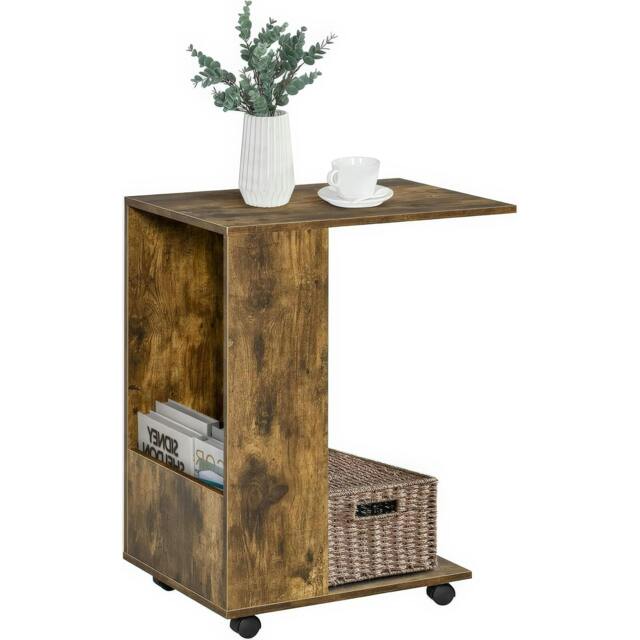 Rackhams C Shaped Side Table with Wheels, Industrial Sofa End Table with Open Storage for Living Room and Bedroom - Brown - image 1