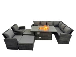 Rackhams Outdoor Furniture Garden Dining Set Rattan Corner Sofa Chair Sets Gas Fire Pit Table with Temper Glass 2 Big Footstools Dark Grey Mixed - thumbnail 1
