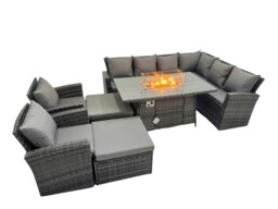 Rackhams Outdoor Furniture Garden Dining Set Rattan Corner Sofa Chair Sets Gas Fire Pit Table with Temper Glass 2 Big Footstools Dark Grey Mixed - thumbnail 2