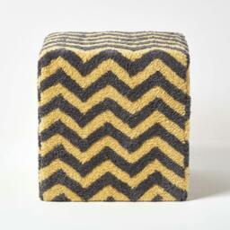 Rackhams Chevron Cube Pouffe Tufted Cotton - 36 x 36 x 38 cm - Grey & Yellow - thumbnail 1
