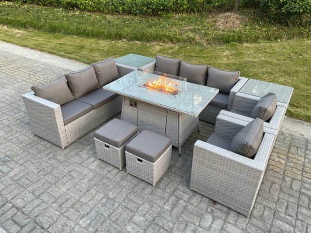 Rackhams Rattan Outdoor Garden Furniture Set with Gas Fire Pit Table, 2 Sofas, 2 Side Tables, 2 Chairs, 2 Footstools - 10 Seater - Light Grey - image 1
