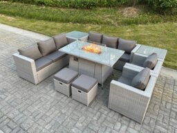 Rackhams Rattan Outdoor Garden Furniture Set with Gas Fire Pit Table, 2 Sofas, 2 Side Tables, 2 Chairs, 2 Footstools - 10 Seater - Light Grey - thumbnail 1