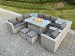 Rackhams Rattan Outdoor Garden Furniture Set with Gas Fire Pit Table, 2 Sofas, 2 Side Tables, 2 Chairs, 2 Footstools - 10 Seater - Light Grey - thumbnail 2