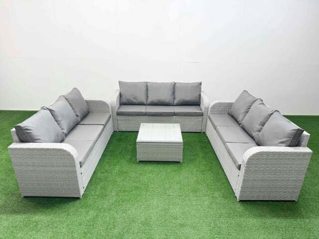 Rackhams PE Rattan Lounge Sofa Set 9 Seater Outdoor Garden Furniture Set with Square Coffee Table 3 Seater Sofa Light Grey - image 1