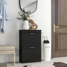 Rackhams Slim Shoe Storage Cabinet with 2 Flip Drawers for Entryway, Black - thumbnail 2