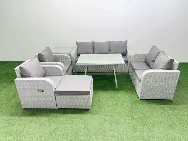 Rackhams PE Rattan Garden Furniture Set Outdoor Rectangular Dining Table Sofa Set with Reclining Chair Big Stool Side Table Light Grey - image 1
