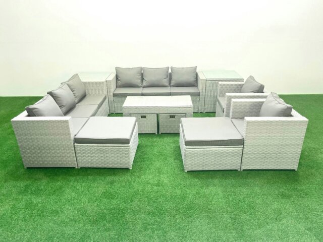 Rackhams Rattan Garden Furniture Set Outdoor Lounger Sofa with Coffee Table 4 Footstools 2 Side Tables Light Grey Mixed 12 Seater - image 1