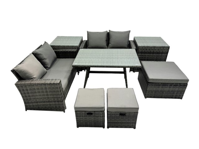 Rackhams 7 Seater Wicker PE Rattan Furniture Outdoor Dining Table Double Seat Sofa 3 Stools 2 Side Table Set Dark Grey Mixed - image 1