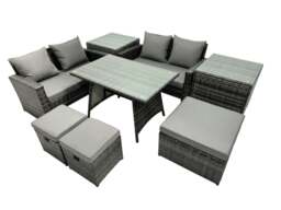 Rackhams 7 Seater Wicker PE Rattan Furniture Outdoor Dining Table Double Seat Sofa 3 Stools 2 Side Table Set Dark Grey Mixed - thumbnail 2