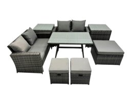 Rackhams 7 Seater Wicker PE Rattan Furniture Outdoor Dining Table Double Seat Sofa 3 Stools 2 Side Table Set Dark Grey Mixed - thumbnail 1