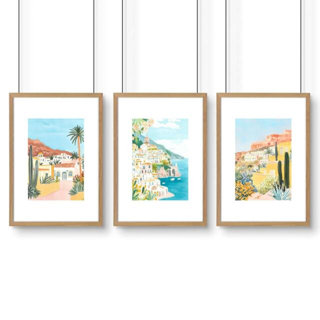 Rackhams Decorative Pictures For Living Room - Set of 3 Beach Decor Wall art Prints - 20 x 30 in / 50 x 76 cm - Matte Museum Quality Art Paper 290 gsm - Oak Frame - image 1