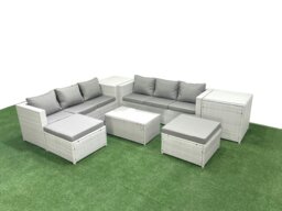 Rackhams Garden Outdoor PE Rattan Furniture Set 8 Seater Rattan Garden Sofa Set with 2 Big Footstools 2 Side Tables Light Grey Mixed - thumbnail 1