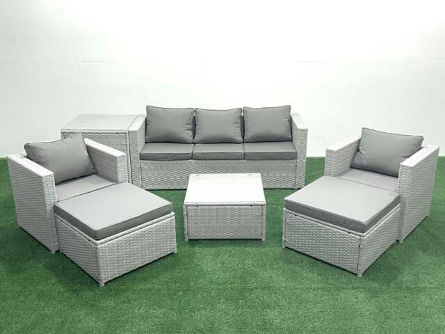 Rackhams 7 Seater Rattan Garden Furniture Set with 3 Seater Sofa 2 Chair Square Coffee Table 2 Big Footstools Side Table Light Grey Mixed - image 1