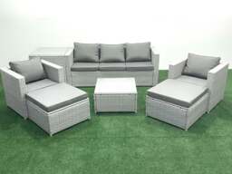 Rackhams 7 Seater Rattan Garden Furniture Set with 3 Seater Sofa 2 Chair Square Coffee Table 2 Big Footstools Side Table Light Grey Mixed - thumbnail 2