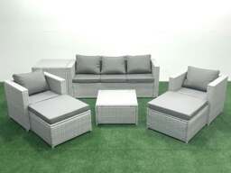 Rackhams 7 Seater Rattan Garden Furniture Set with 3 Seater Sofa 2 Chair Square Coffee Table 2 Big Footstools Side Table Light Grey Mixed - thumbnail 1