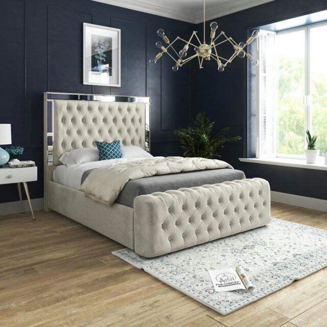 Rackhams Marino Mirror Upholstered Soft Velvet Bed Frame - Cream - Silver - King - image 1