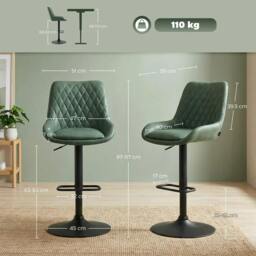 Rackhams Retro Bar Stools Set of 2, Adjustable Kitchen Stool, Upholstered Bar Chairs with Back, Swivel Seat, Green - thumbnail 3