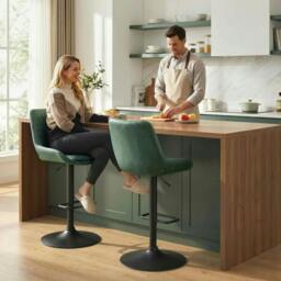 Rackhams Retro Bar Stools Set of 2, Adjustable Kitchen Stool, Upholstered Bar Chairs with Back, Swivel Seat, Green - thumbnail 2