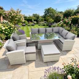 Rackhams 10 Seater Rattan Garden Furniture Set with Adjustable Dining/Coffee Table, 2 Chairs & 3 Footstools - Light Grey