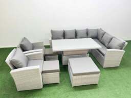 Rackhams 10 Seater Rattan Garden Furniture Set with Adjustable Dining/Coffee Table, 2 Chairs & 3 Footstools - Light Grey - thumbnail 2