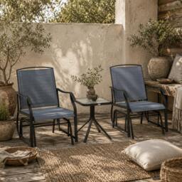 Rackhams Banafa Outdoor Glider Rocking Bistro Set With 2 Chairs And Matching Table Grey