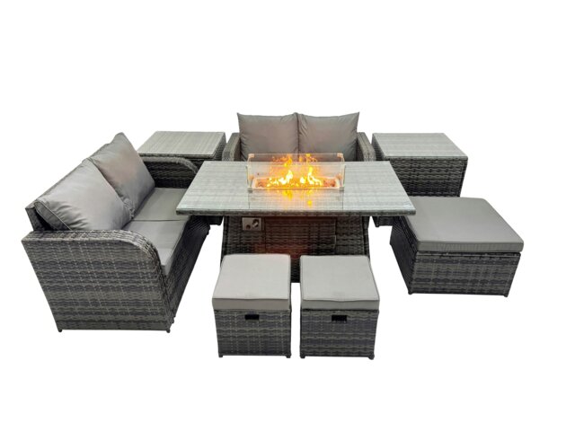 Rackhams 7 seater Patio Gas Firpit Dining Table Sofa Sets Rattan Garden Furniture Dining Set with 3 Stools 2 Side Tables Dark Grey Mixed - image 1