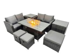 Rackhams 7 seater Patio Gas Firpit Dining Table Sofa Sets Rattan Garden Furniture Dining Set with 3 Stools 2 Side Tables Dark Grey Mixed - thumbnail 2