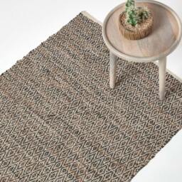 Rackhams Real Leather Handwoven Diamond Pattern Rug - 150 x 240 cm - Brown